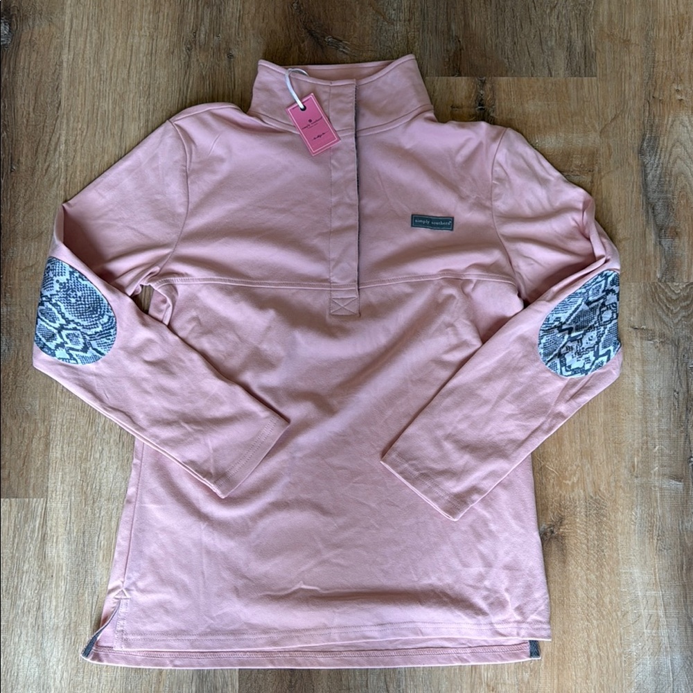 Simply Southern Pink Sweatshirt with Patterned Elbow Patches